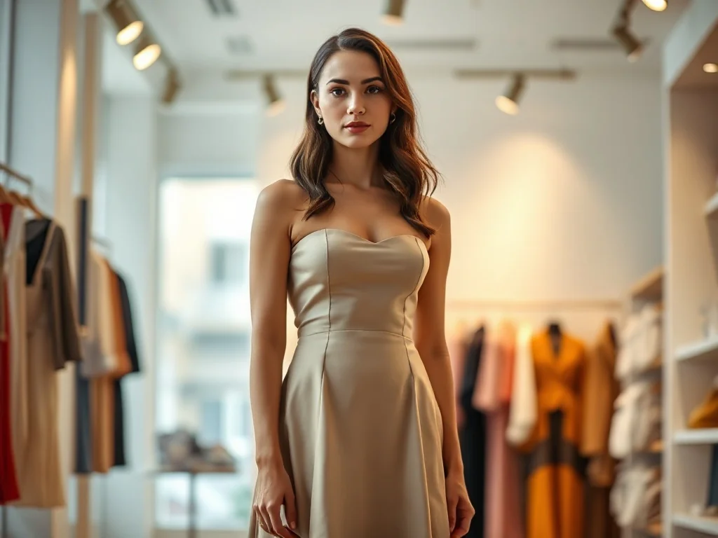 Kobieta w eleganckiej sukience o kroju litery A, która optycznie wysmukla sylwetkę i podkreśla talię.