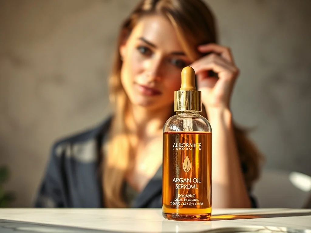 Luksusowe serum Nashi Argan na marmurowym blacie, w tle kobieta z lśniącymi włosami w ciepłym, słonecznym świetle.
