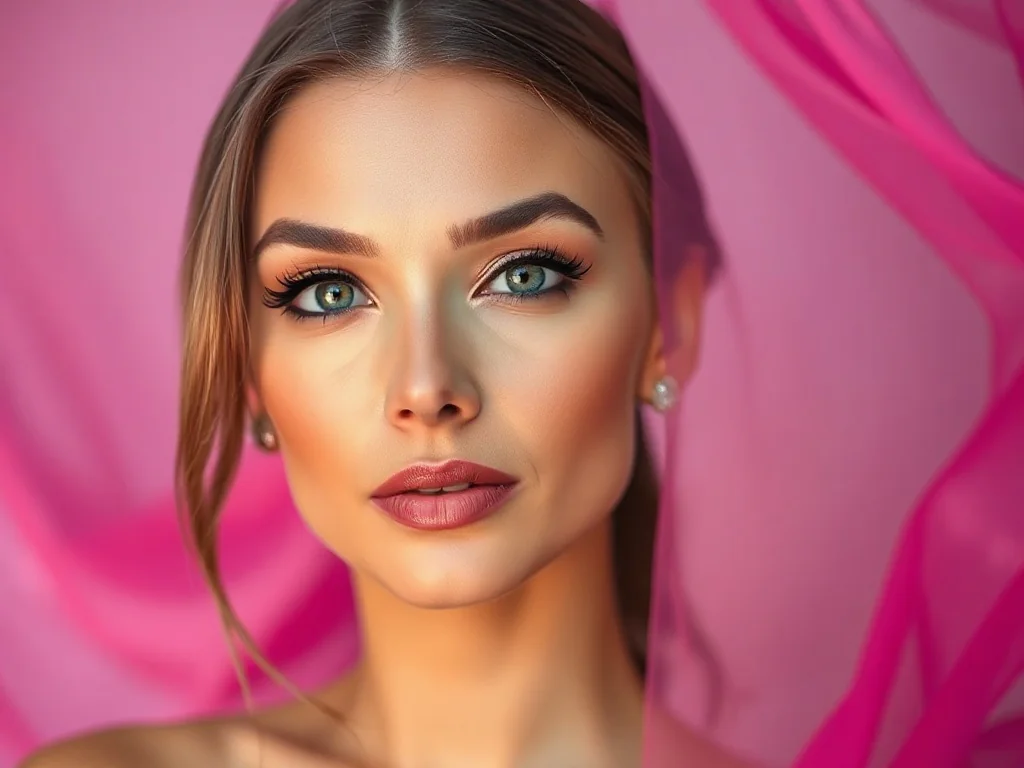 Kobieta w eleganckim makijażu w odcieniach różu i beżu, dopasowanym do fuksjowej sukienki widocznej w tle.